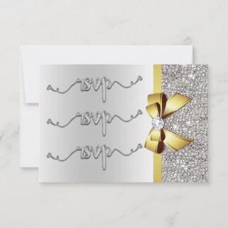Faux Gold Bow Silver Sequins RSVP Wedding Card