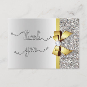Faux Gold Bow Silver Sequins Thank You Wedding Card