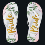 Faux Gold Bride Script Chic Floral with Name Jandals<br><div class="desc">Lovely pink and purple watercolor floral and greenery wedding design,  with faux gold bride typography script and bride's name.</div>