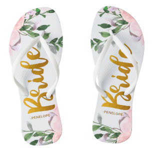 Faux Gold Bride Script Chic Floral with Name Jandals