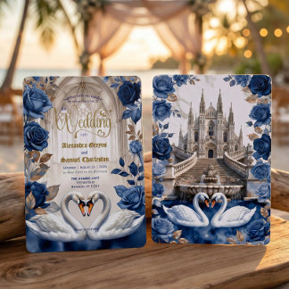 Faux Gold & Bronze Swans Marble Cathedral Wedding Invitation
