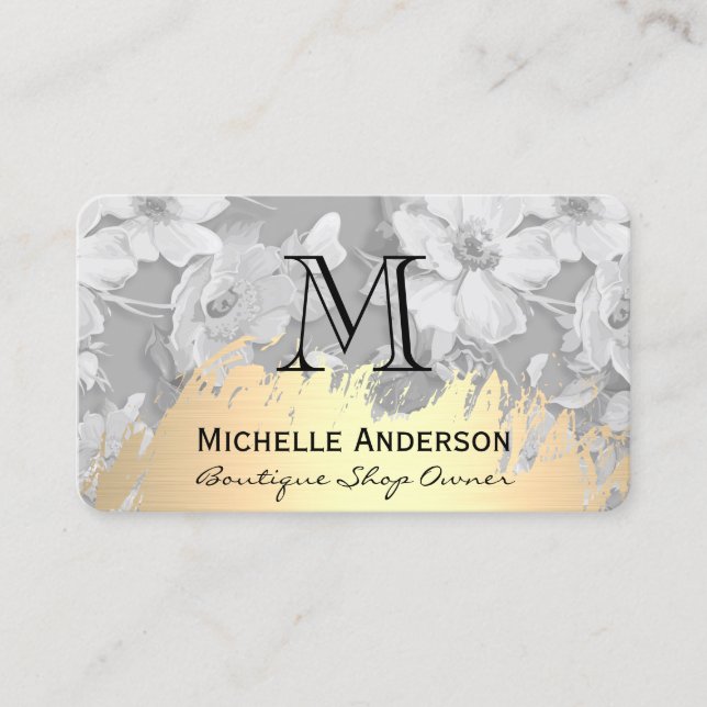 Faux Gold Brushed Classic Monogram Flower Pattern Business Card (Front)