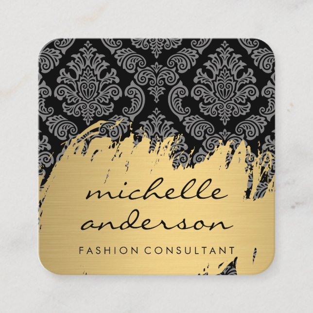 Faux Gold Brushed Damask Pattern Square Business Card (Front)