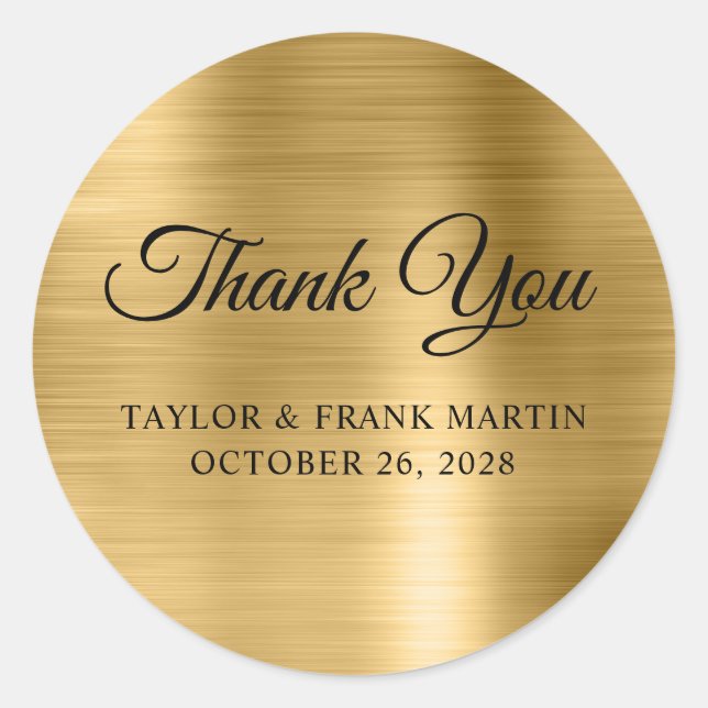 Faux Gold Brushed Metal Foil Wedding Thank You Classic Round Sticker (Front)