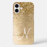 Faux Gold Brushed Metal Glitter Monogram Name