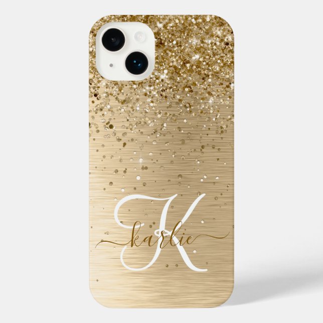 Faux Gold Brushed Metal Glitter Monogram Name iPhone Case (Back)