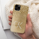 Faux Gold Brushed Metal Glitter Monogram Name iPhone 14 Pro Case<br><div class="desc">Easily personalise this trendy chic iPhone case design featuring pretty gold sparkling glitter on a gold brushed metallic background.</div>