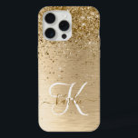 Faux Gold Brushed Metal Glitter Monogram Name iPhone 15 Pro Max Case<br><div class="desc">Easily personalise this trendy chic iPhone case design featuring pretty gold sparkling glitter on a gold brushed metallic background.</div>