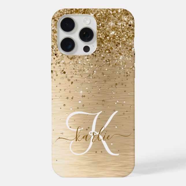 Faux Gold Brushed Metal Glitter Monogram Name iPhone Case (Back)