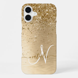 Faux Gold Brushed Metal Glitter Monogram Name iPhone 16 Plus Case