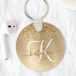 Faux Gold Brushed Metal Glitter Print Monogram Key Ring<br><div class="desc">Easily personalize this trendy chic keychain design featuring pretty gold sparkling glitter on a gold brushed metallic background.</div>