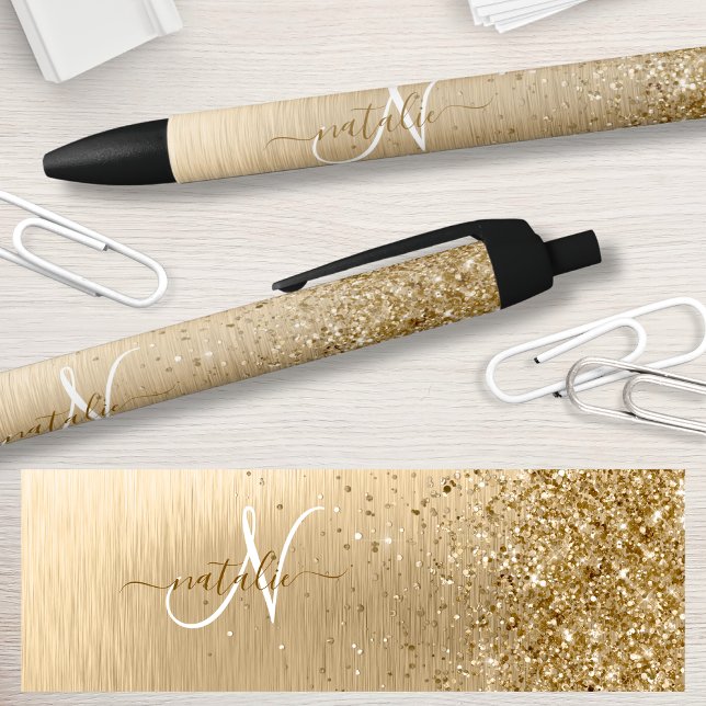 Faux Gold Brushed Metal Glitter Print Monogram Nam Black Ink Pen (Creator Uploaded)