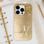 Faux Gold Brushed Metal Glitter Print Monogram Nam Case-Mate iPhone 14 Pro Case<br><div class="desc">Easily personalise this trendy chic phone case design featuring pretty gold sparkling glitter on a gold brushed metallic background.</div>