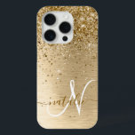 Faux Gold Brushed Metal Glitter Print Monogram Nam iPhone 15 Pro Case<br><div class="desc">Easily personalise this trendy chic phone case design featuring pretty gold sparkling glitter on a gold brushed metallic background.</div>