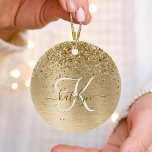 Faux Gold Brushed Metal Glitter Print Monogram Nam Ceramic Tree Decoration<br><div class="desc">Easily personalise this trendy chic ornament design featuring pretty gold sparkling glitter on a gold brushed metallic background.</div>