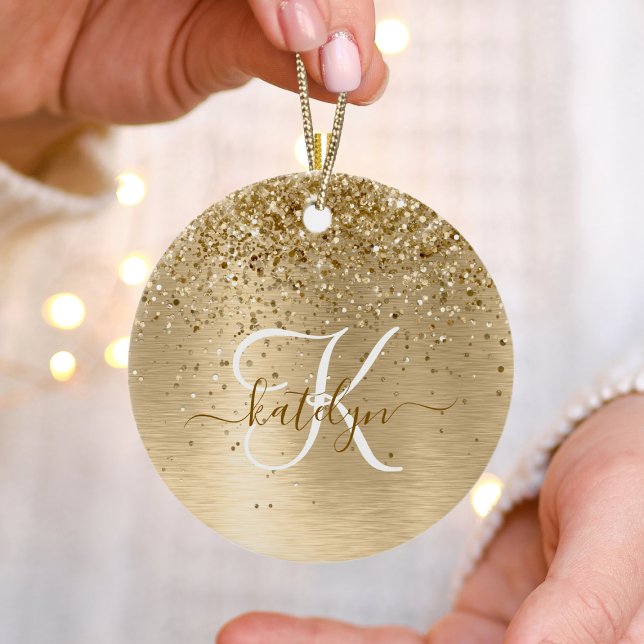 Faux Gold Brushed Metal Glitter Print Monogram Nam Ceramic Tree Decoration (Creator Uploaded)