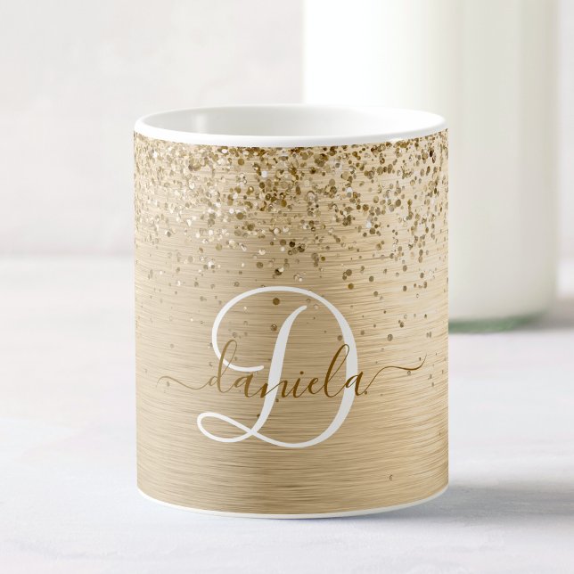 Faux Gold Brushed Metal Glitter Print Monogram Nam Coffee Mug (Creator Uploaded)