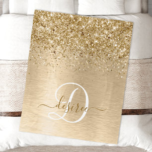 Faux Gold Brushed Metal Glitter Print Monogram Nam Fleece Blanket