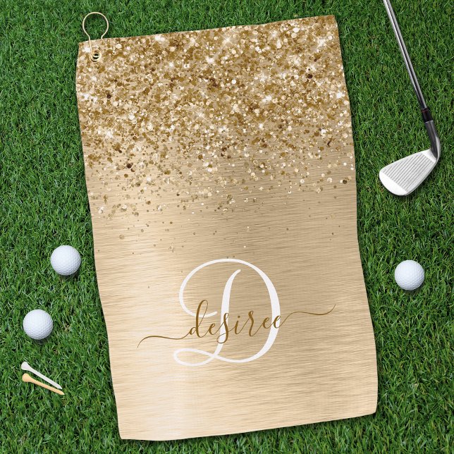 Faux Gold Brushed Metal Glitter Print Monogram Nam Golf Towel (Creator Uploaded)