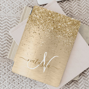 Faux Gold Brushed Metal Glitter Print Monogram Nam iPad Mini Cover