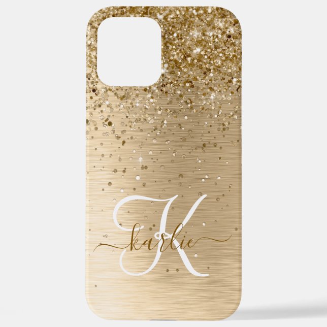 Faux Gold Brushed Metal Glitter Print Monogram Nam iPhone Case (Back)