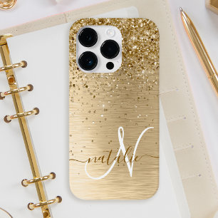 Faux Gold Brushed Metal Glitter Print Monogram Nam iPhone 14 Pro Case