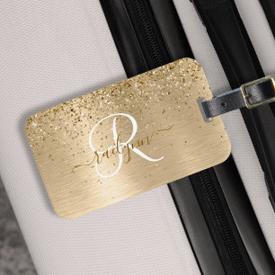 Faux Gold Brushed Metal Glitter Print Monogram Nam Luggage Tag
