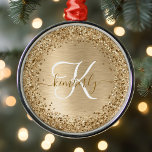 Faux Gold Brushed Metal Glitter Print Monogram Nam Metal Tree Decoration<br><div class="desc">Easily personalise this trendy chic ornament design featuring pretty gold sparkling glitter on a gold brushed metallic background.</div>