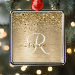Faux Gold Brushed Metal Glitter Print Monogram Nam Metal Tree Decoration<br><div class="desc">Easily personalise this trendy chic ornament design featuring pretty gold sparkling glitter on a gold brushed metallic background.</div>