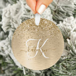 Faux Gold Brushed Metal Glitter Print Monogram Nam Ornament<br><div class="desc">Easily personalise this trendy chic ornament design featuring pretty gold sparkling faux glitter on a gold brushed metallic background.</div>