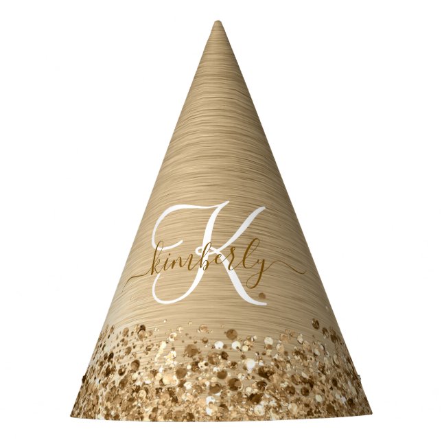 Faux Gold Brushed Metal Glitter Print Monogram Nam Party Hat (Front)