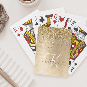 Faux Gold Brushed Metal Glitter Print Monogram Nam Playing Cards
