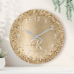 Faux Gold Brushed Metal Glitter Print Monogram Nam Round Clock<br><div class="desc">Easily personalize this trendy chic wall clock design featuring pretty gold sparkling glitter on a gold brushed metallic background.</div>