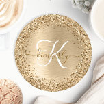 Faux Gold Brushed Metal Glitter Print Monogram Nam Round Paper Coaster<br><div class="desc">Easily personalise this trendy chic paper coaster design featuring pretty gold sparkling faux glitter on a gold brushed metallic background.</div>