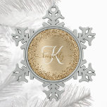 Faux Gold Brushed Metal Glitter Print Monogram Nam Snowflake Pewter Christmas Ornament<br><div class="desc">Easily personalise this trendy chic Christmas ornament design featuring pretty gold sparkling glitter on a gold brushed metallic background.</div>