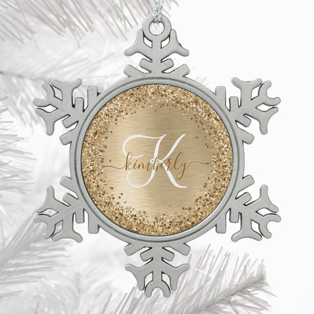 Faux Gold Brushed Metal Glitter Print Monogram Nam Snowflake Pewter Christmas Ornament (Creator Uploaded)