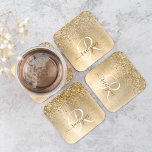 Faux Gold Brushed Metal Glitter Print Monogram Nam Square Paper Coaster<br><div class="desc">Easily personalise this trendy chic paper coaster design featuring pretty gold sparkling glitter on a gold brushed metallic background.</div>