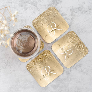 Faux Gold Brushed Metal Glitter Print Monogram Nam Square Paper Coaster