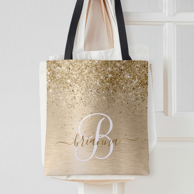 Faux Gold Brushed Metal Glitter Print Monogram Nam Tote Bag (Creator Uploaded)
