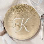 Faux Gold Brushed Metal Glitter Print Monogram Paper Plate<br><div class="desc">Easily personalise this trendy chic paper plate design featuring pretty gold sparkling glitter on a gold brushed metallic background.</div>