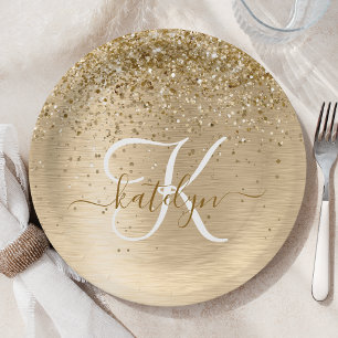 Faux Gold Brushed Metal Glitter Print Monogram Paper Plate