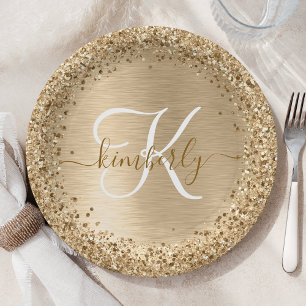 Faux Gold Brushed Metal Glitter Print Monogram Paper Plate