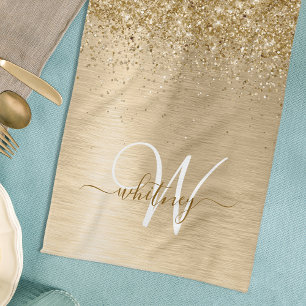 Faux Gold Brushed Metal Glitter Print Monogram Tea Towel