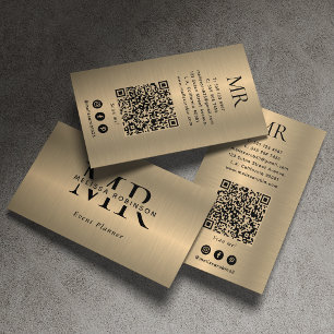 Faux Gold Brushed Metallic Black Monogram QR Code Business Card