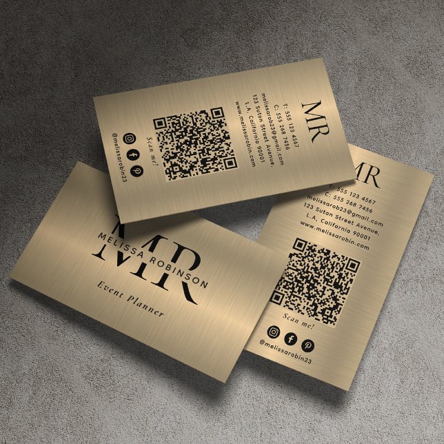Faux Gold Brushed Metallic Black Monogram QR Code  Business Card (Creator Uploaded)