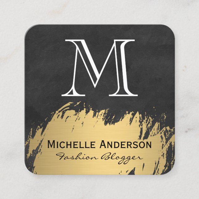 Faux Gold Brushed Monogram Lush Black Square Business Card (Front)