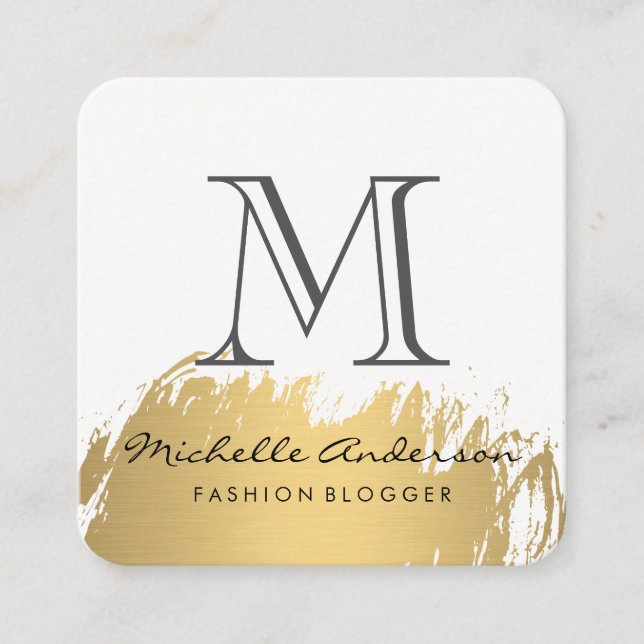 Faux Gold Brushed Monogram Square Business Card (Front)