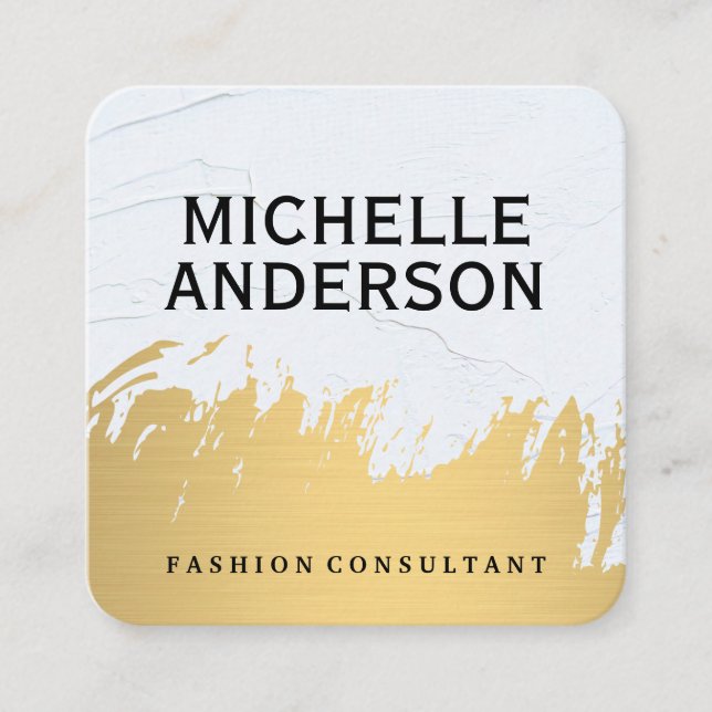 Faux Gold Brushed White Grey | Fashion Stylish Square Business Card (Front)