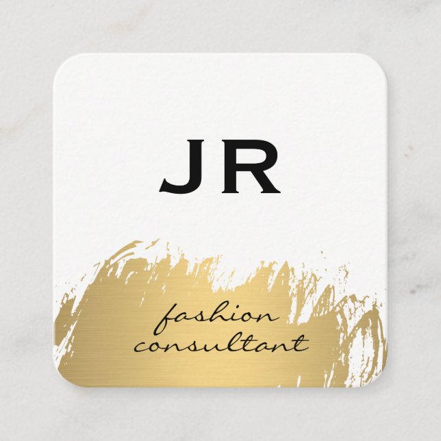 Faux Gold Brushed White Grey Square Business Card (Front)
