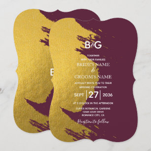 Faux Gold Brushstrokes & Burgundy with Monogram In Invitation